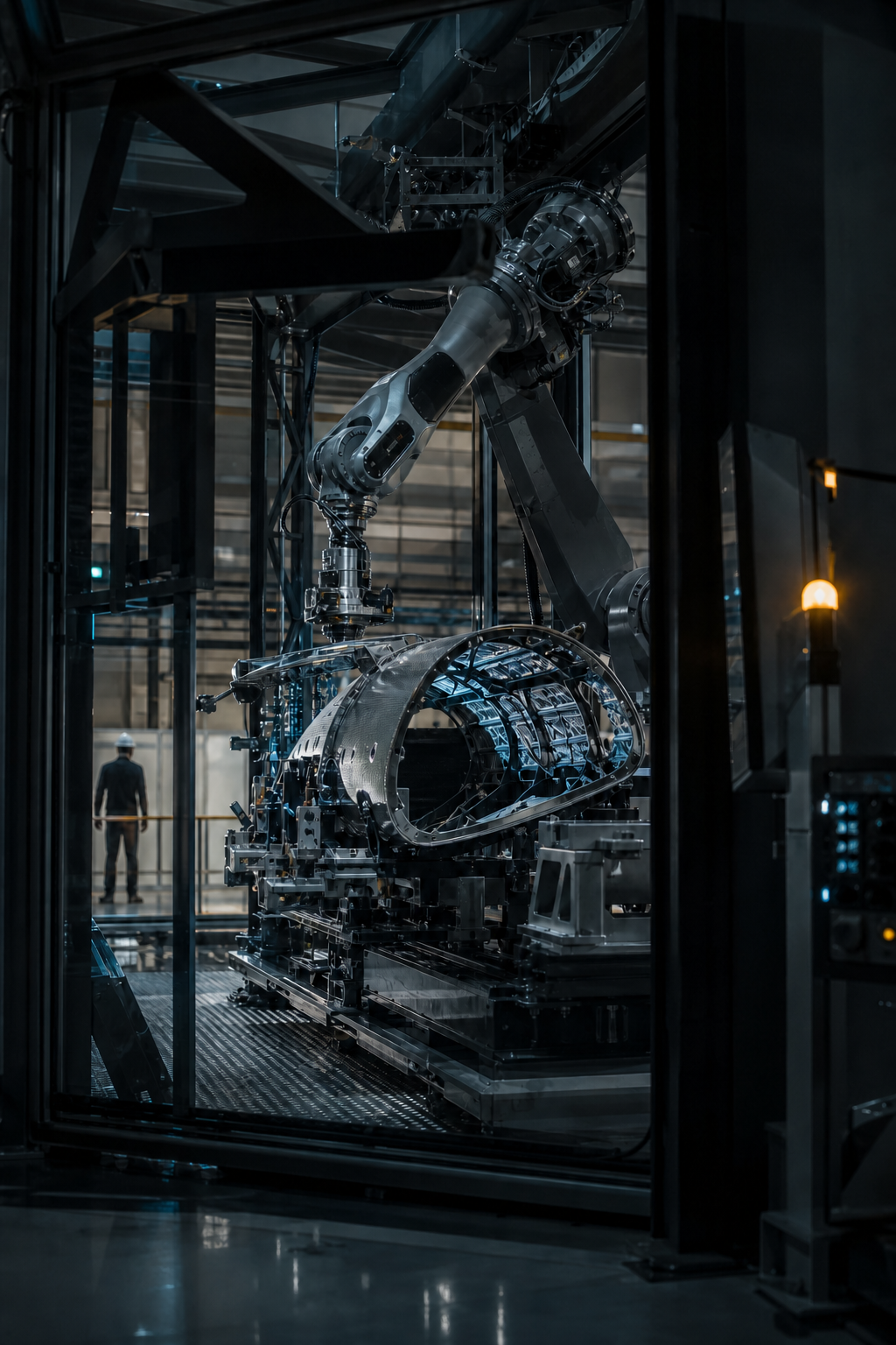 Precision robotic manufacturing cell working on a complex structure